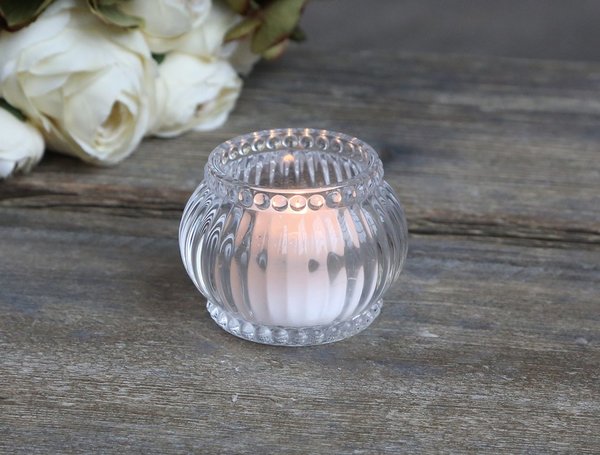 Teelichthalter / Windlicht mit Rillen & Perlenkante (Chic Antique, Glas)
