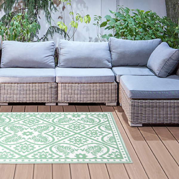 Outdoor / Gartenteppich "Blätter"  (Esschert Design OC37, rechteckig, grün/weiß)