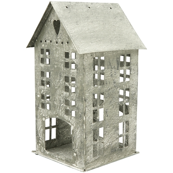 Windlicht Haus "Junker" im Shabby Stil (27,5 cm, Metall, grau/weiß, Exner Collection)
